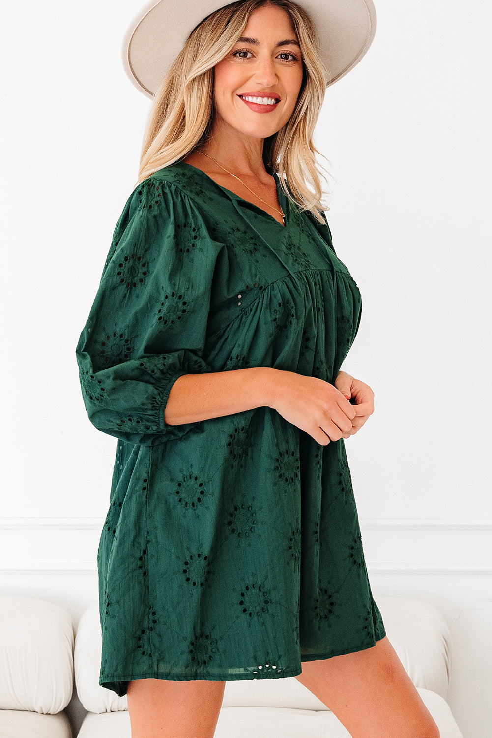 Blackish Green Eyelet Embroidered Swing Dress Puff Sleeve Dear-Lover Dropshipping